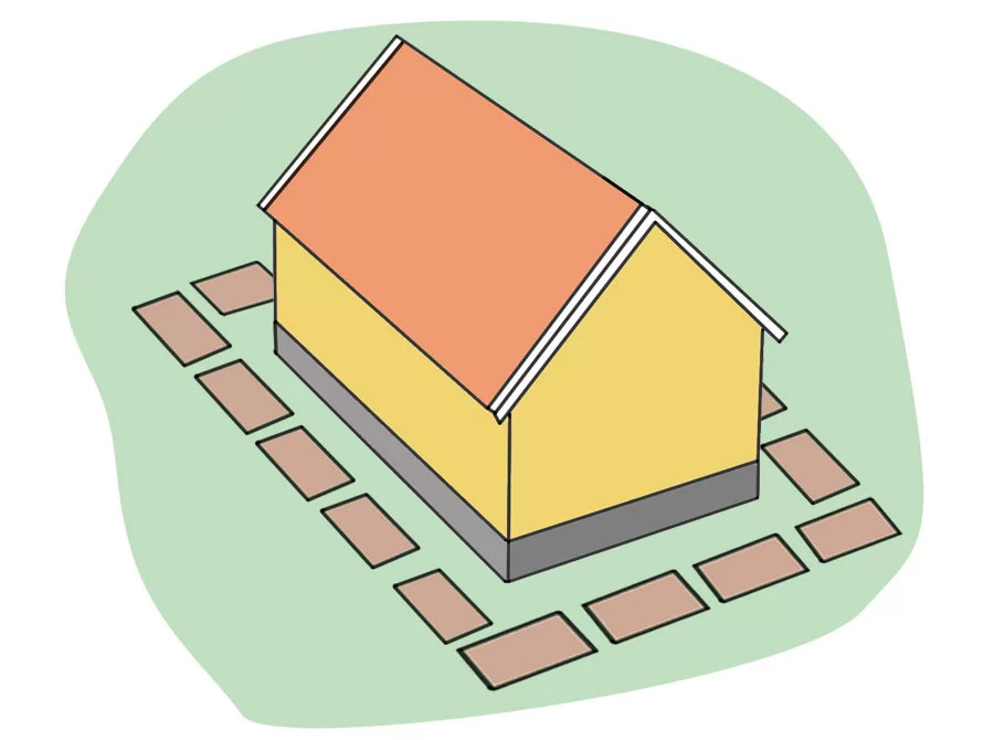 Färgglad illustration av ett hus med orange tak, gult väggparti och tegelstenar runtom.